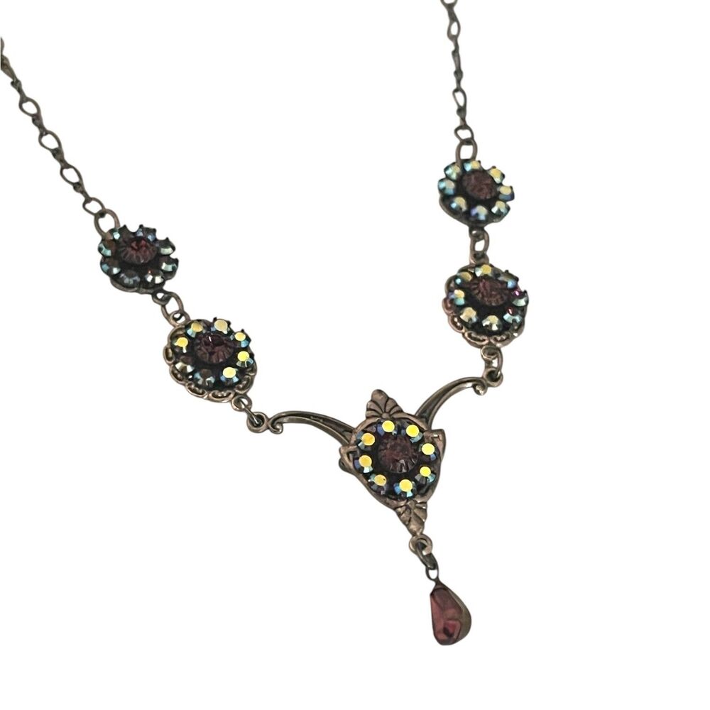 New Clara Beau Necklace Purple AB Crystal Brass Tone Floral Drop - 5N